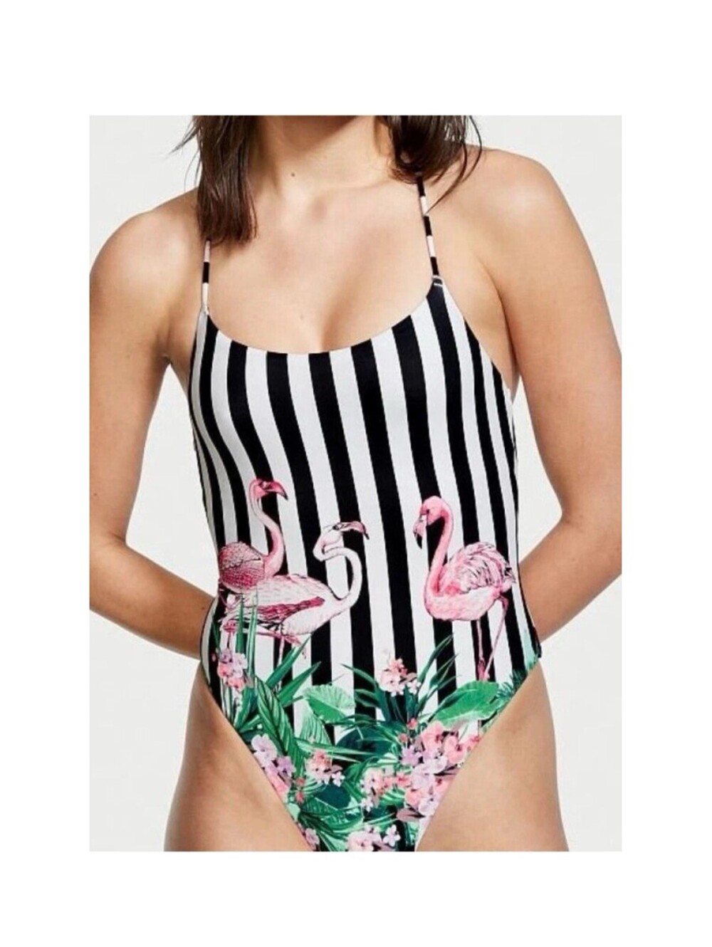 Victoria's Secret Essential Scoop One Piece Swimsuit pink Flamingos Stripe S